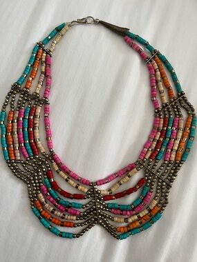 Multi color beaded vintage bib wide necklace 18"